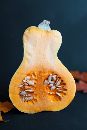 Butternut squash pumpkin cut in half on dark background.の写真素材