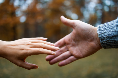 The hands of a man and a woman reach each other outdoors in autumn forest.の写真素材