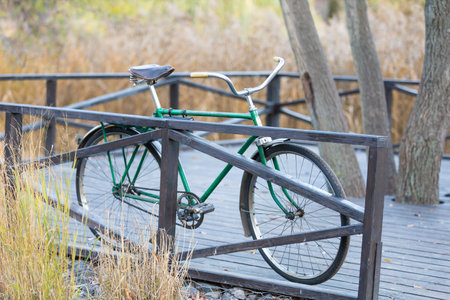 Retro bicycle on bridge in autumn park outdoor for background.の写真素材