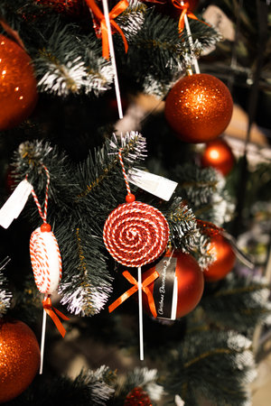 Christmas tree with red balls and stars. winter holiday backgroundの写真素材