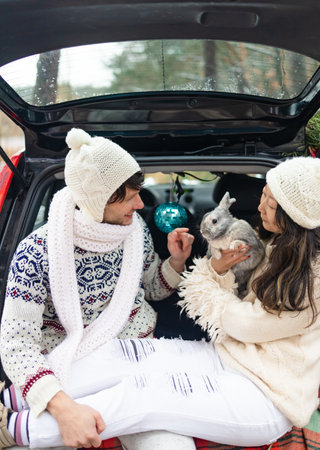 Happy couple holding a fluffy rabbit in the back of car with Christmas gift box in winter forest.の写真素材