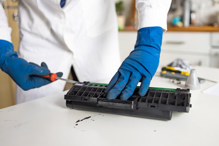 hands repairing laser toner cartridge. worker Laser printer on a workbench.