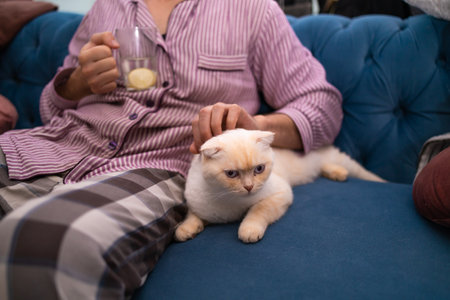 young man with his cute cat on the couch at home.の写真素材