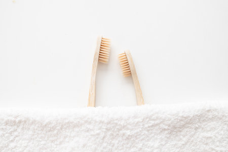 Two eco-friendly bamboo toothbrushes in love on white background. The concept of cosmetic products for the bathroom from natural organic products.の写真素材