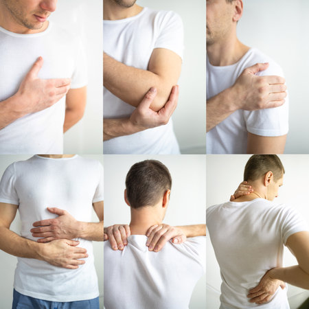 Pain in the human body on a gray background. A collage of several photosの写真素材