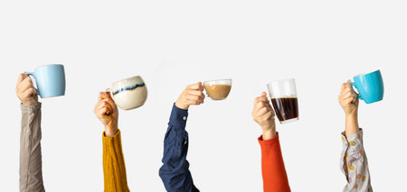 Collage with photos of people holding different cups on white background, closeup. banner design