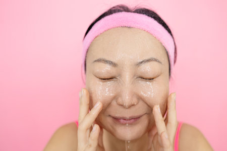 <p>Portrait of a beautiful young Asian woman to wash the face of spray of water on pink background.</p>の写真素材