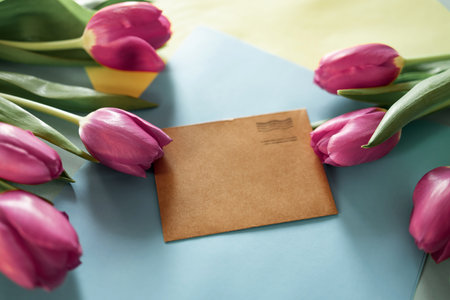 Greeting card, bouquet of beautiful flowers, buds of spring tulips, the gift set colorful background.の写真素材