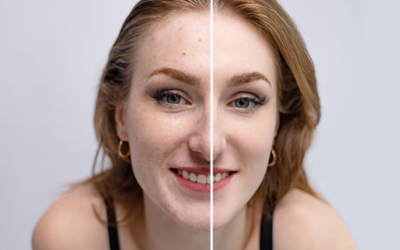 Teen girl with acne before and after treatment.の写真素材