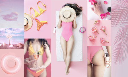 Set of trendy aesthetic photo collages about summer holidays. Minimalistic images of one top color. pink moodboard.の写真素材