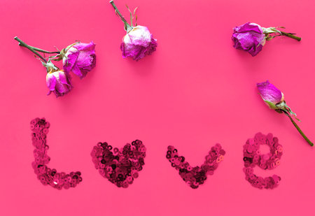 The inscription love sequins in pink on a background of red sequins. The concept of feeling, relationships.の写真素材