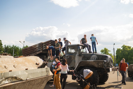 Kyiv, Ukraine - KYIV, UKRAINE - MAY 14, 2023: tanks and military equipment on display for public in center city.のeditorial素材