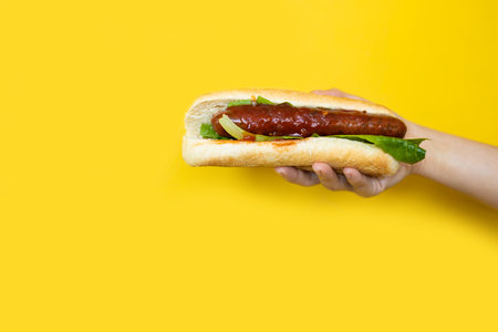 The hand holds a hot dog with sausage, lettuce, ketchup on a yellow backgroundの写真素材