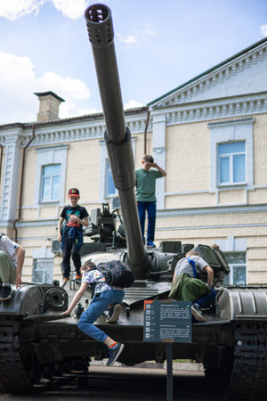 Kyiv, Ukraine - KYIV, UKRAINE - MAY 14, 2023: tanks and military equipment on display for public in...