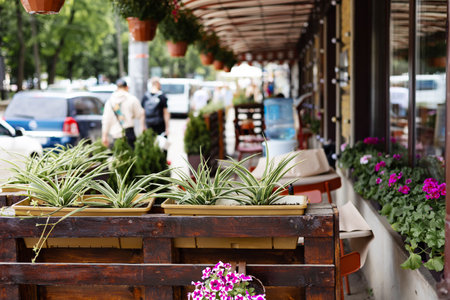 Empty tables between lunch hours in Kyiv city.の写真素材