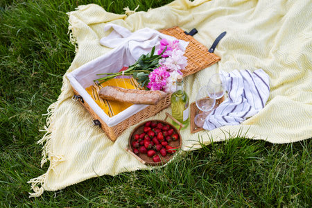 picnic baskets with drinks, food and flowers on the grassの写真素材