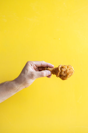 Hans taking fried chicken isolated on yellow background, Fried chicken close-up.の写真素材