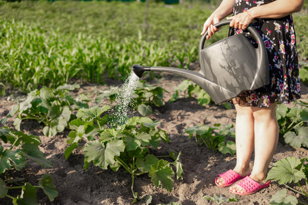 Woman farmer watering a vegetable garden in the evening at sunset.の写真素材