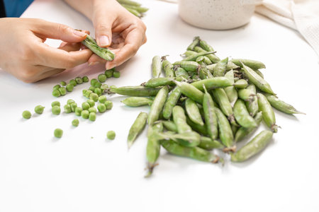 A woman in the kitchen opens a pod of green peas. Agricultural concept, harvest season. close-up.の写真素材