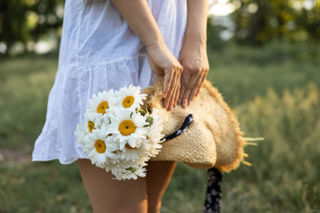 girl in white dress plucks daisies on the field at sunset.の写真素材