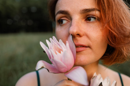 Black and white photo of a lotus flower in the hands of a woman