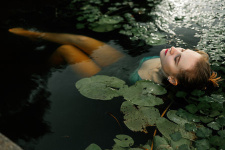 Beautiful young woman relaxing in a pool of water lilies.の写真素材