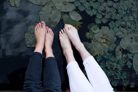 Two female feet on the background of a pond with lotus leavesの写真素材