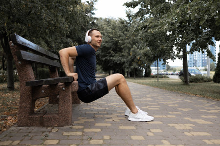 Young handsome man in sportswear listening to music with headphones while Exercise in Outdoor Public...