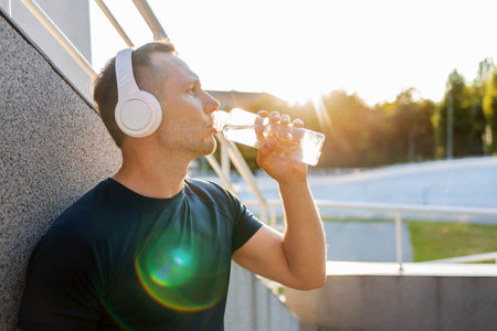 Young man drinking water after jogging in the city, listening to music with headphones.の写真素材