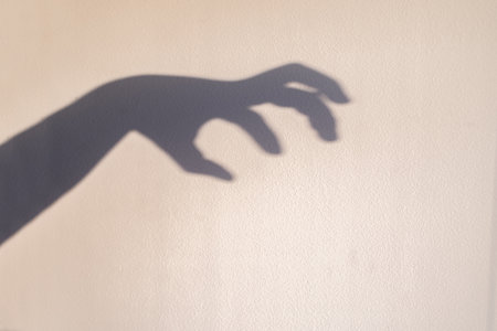 Shadow of a hand on a white wall. big monster claw shadow on wall. Horror hand shadow on a dark background, copy space.の写真素材