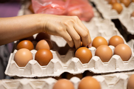 Close up of young woman hands selecting egg in supermarket.