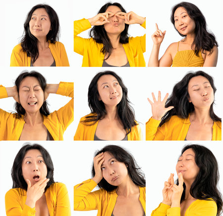 Set of different facial expressions and gestures of a middle-aged Asian womanの写真素材