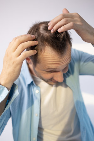 Man with hair loss problems closeup, isolated. Alopecia balding hairs on man scalp. Scratching his head. Baldness. Depression, stressの写真素材