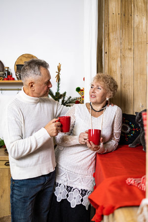 healthy seniors lifestyle. Senior couple drinks tea in the kitchen at home.の写真素材