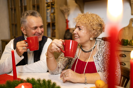 healthy seniors lifestyle. Senior couple drinks tea in the kitchen at home.の写真素材
