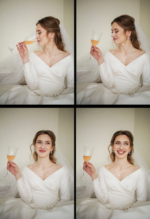 Collage of beautiful bride in wedding dress with glass of champagne.の写真素材