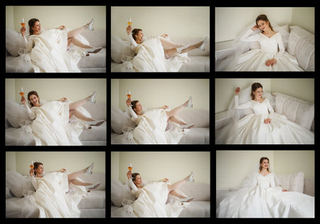 Collage of beautiful bride in wedding dress with glass of champagne.の写真素材