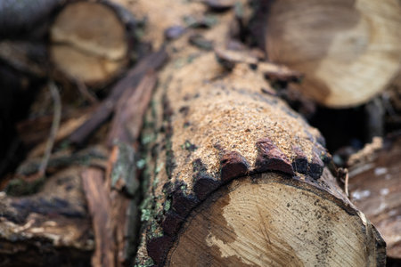 Pile of chopped firewood in a forest, close-up