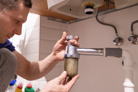 Close-up of a plumber fixing a sink in a kitchenの写真素材