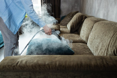 House cleaning. A man cleans the sofa and furniture with a steam generator. Cleaning service of the...