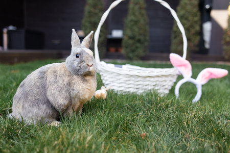 Little Bunny near Basket With Decorated Eggs on grass- Easter Cardの写真素材
