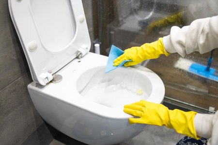Woman in yellow rubber gloves cleaning toilet with blue cloth in modern bathroom.の写真素材
