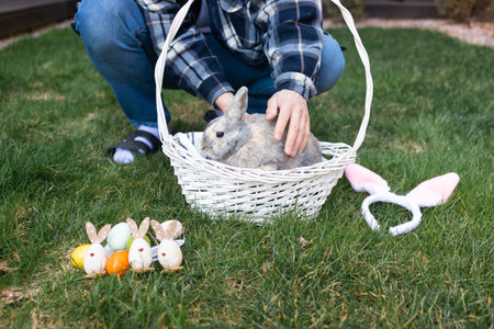 Little Bunny In Basket With Decorated Eggs - Easter Card