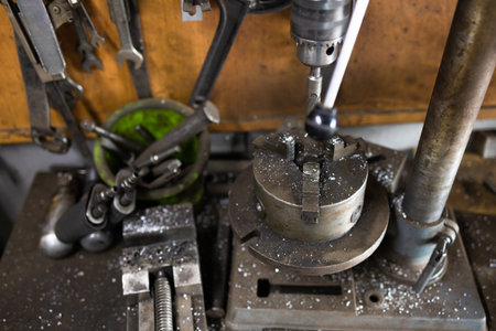 Metalworking CNC milling machine working on a metal workpieceの写真素材