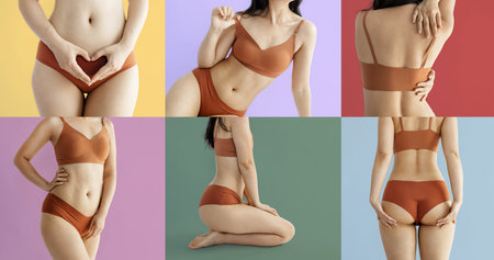 Collage of female body in underwear on color background, closeupの写真素材