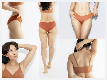 Collage. Set of icons of young Asian woman with slim, healthy, fit body. Model posing against white background.の写真素材