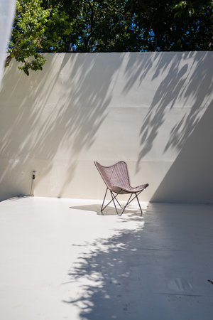 chair on a white wall in the shadow of a tree, summerの写真素材
