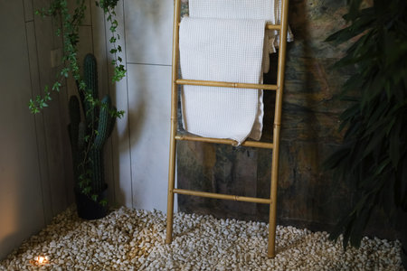 White towels hanging on wooden ladder in the bathroom with green plants and cactus.の写真素材