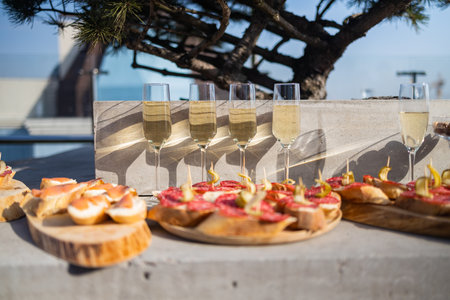 Delicious snack on party or picnic time. Chopping board with meat and cheese. Italian style banquet.の写真素材