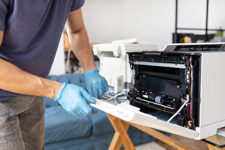 Cropped image of a man working on a printerの写真素材